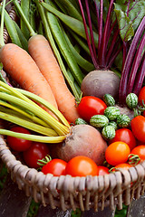 Image showing Fresh produce from a vegetable garden gathered in a basket 