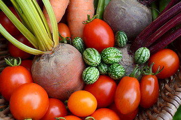 Image showing Red tomatoes, rainbow beetroot, pepquino and carrots