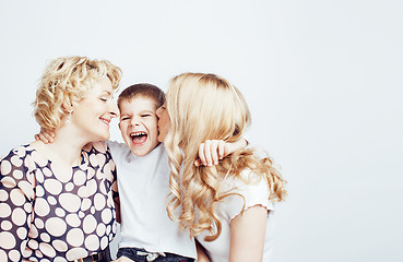 Image showing happy smiling family together posing cheerful on white background, lifestyle people concept, mother with son and teenage daughter isolated 