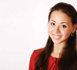 Image showing young pretty brunette woman smiling happy on white background, l