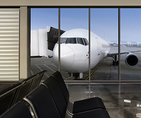 Image showing window in empty airport at morning