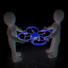 Image showing 3d man with drone, quadrocopter, with photo camera. 3d render. 3