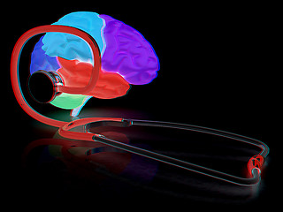 Image showing stethoscope and brain. 3d illustration. Anaglyph. View with red/