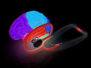 Image showing stethoscope and brain. 3d illustration. Anaglyph. View with red/