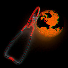 Image showing Stethoscope and Earth.3d illustration. Anaglyph. View with red/c