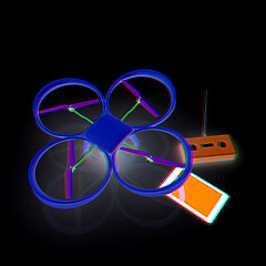 Image showing Drone, remote controller and tablet PC. Anaglyph. View with red/