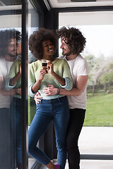 Image showing happy multiethnic couple relaxing at modern home indoors