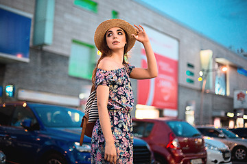 Image showing The fashion woman portrait of young pretty trendy girl posing at the city in Europe