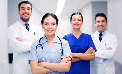 Image showing happy group of medics or doctors at hospital