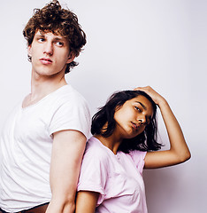 Image showing young couple of mixed races girlfriend and boyfriend having fun on white background, lifestyle teenage people concept 