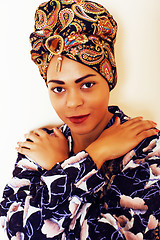 Image showing beauty bright african woman with creative make up, shawl on head