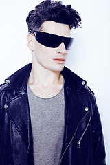 Image showing young handsome modern man in sunglasses like robot, lifestyle fashion style people concept