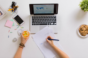 Image showing woman hands with papers and cup of drink at office