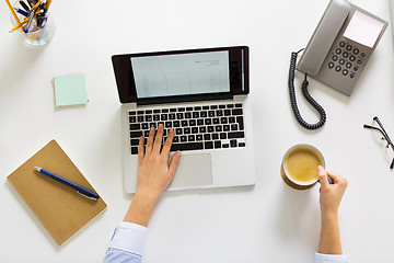 Image showing businesswoman with laptop and coffee at office