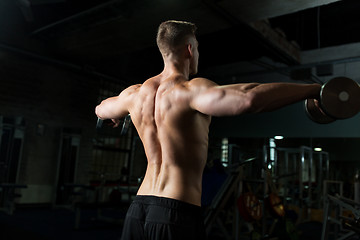 Image showing close up of man with dumbbells exercising in gym