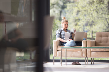 Image showing woman drinking coffee enjoying relaxing lifestyle