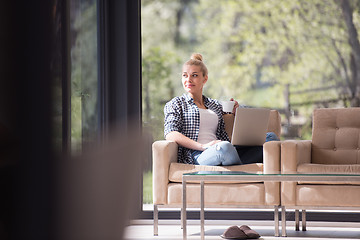 Image showing woman drinking coffee enjoying relaxing lifestyle