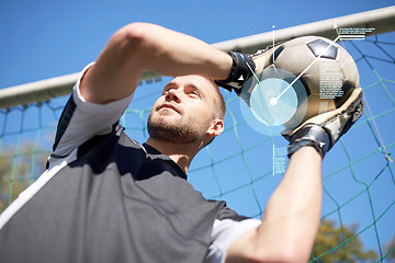 Image showing goalkeeper with ball at football goal on field