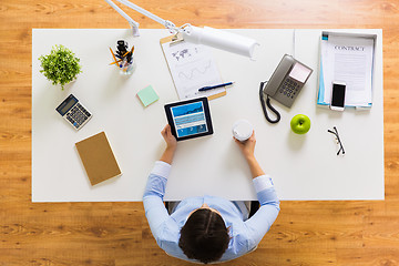 Image showing businesswoman with tablet pc and coffee at office