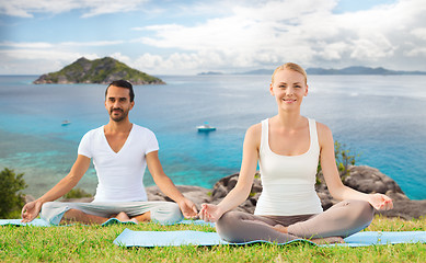 Image showing happy couple making yoga exercises outdoors