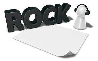 Image showing rock tag, blank white paper sheet and pawn with headphones - 3d rendering