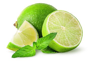 Image showing Whole and few pieces of lime with mint