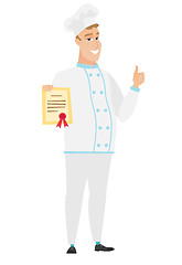 Image showing Young caucasian chef cook holding a certificate.
