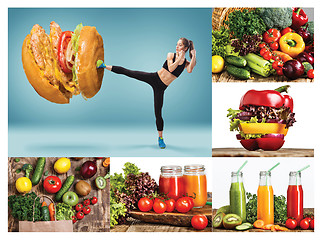 Image showing Fit young woman fighting off bad food on a blue background