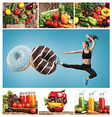 Image showing Fit young woman fighting off bad food on a blue background