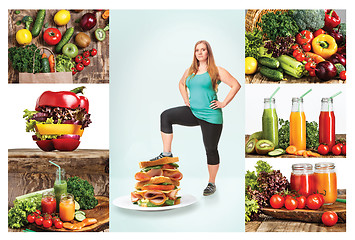 Image showing The healthy food and fat woman