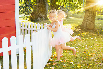 Image showing The two little girls at playground against park or green forest