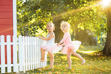 Image showing The two little girls at playground against park or green forest