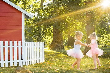 Image showing The two little girls at playground against park or green forest