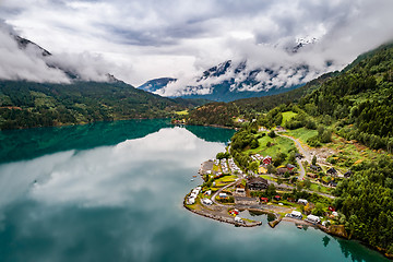 Image showing Beautiful Nature Norway Aerial view of the campsite to relax.