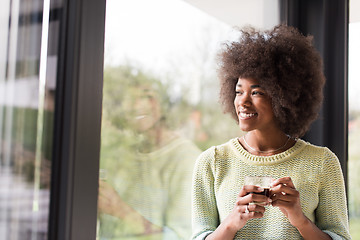 Image showing African American woman drinking coffee looking out the window