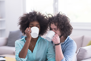 Image showing multiethnic couple sitting on sofa at home drinking coffe