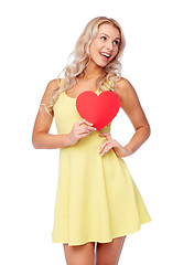 Image showing happy young woman with red paper heart