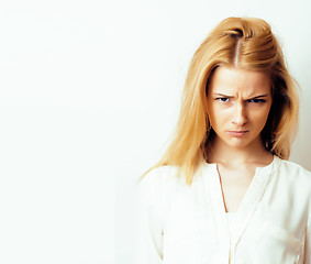 Image showing young blond woman on white backgroung gesture thumbs up, isolate