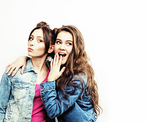 Image showing best friends teenage girls together having fun, posing emotional on white background, besties happy smiling, lifestyle people concept close up