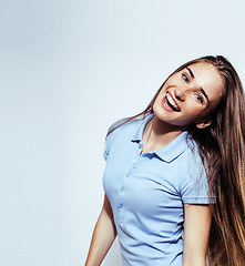 Image showing young pretty stylish brunette hipster girl posing emotional isolated on white background happy smiling cool smile, lifestyle people concept 