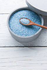 Image showing Blue bath salt in bowl