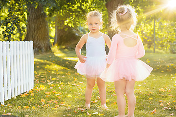 Image showing The two little girls at playground against park or green forest