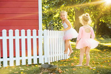 Image showing The two little girls at playground against park or green forest