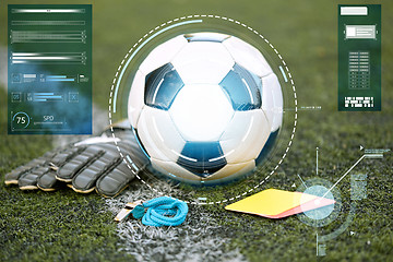 Image showing ball, gloves, whistle and cards on soccer field