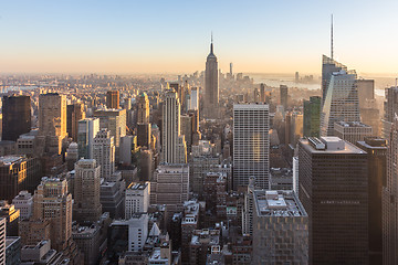 Image showing New York City Manhattan downtown skyline at sunset.