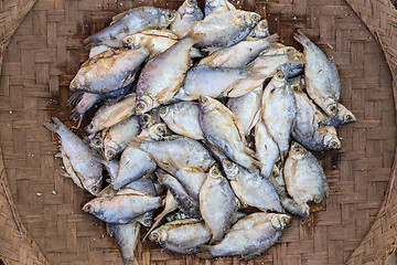 Image showing Mackerel fishes in round bamboo basket for sale in local market.