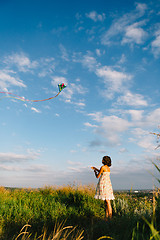 Image showing Girl playing with kite in field