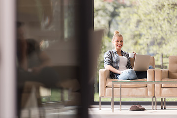 Image showing woman drinking coffee enjoying relaxing lifestyle