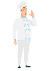 Image showing Caucasian chef cook calling for help.