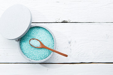 Image showing Sea salt on wooden table